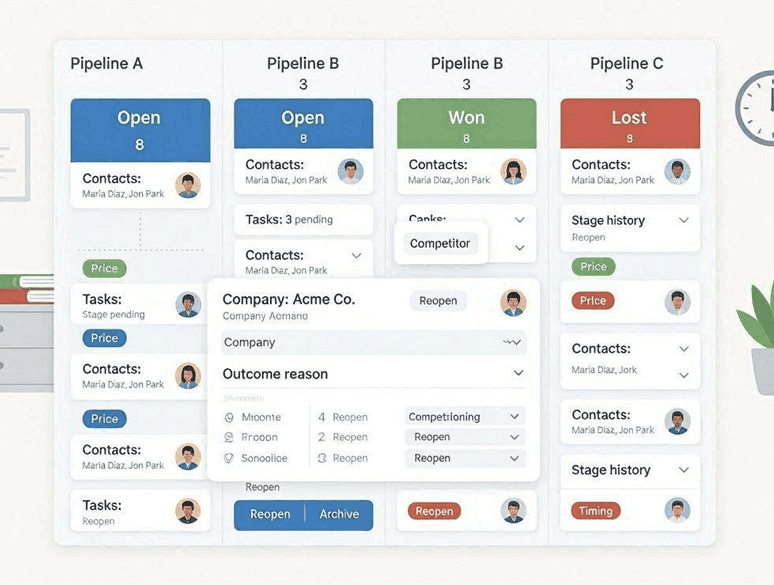 A deal pipeline on the Kanban board.