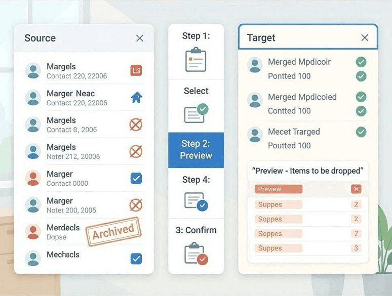 The customer merge wizard preview.