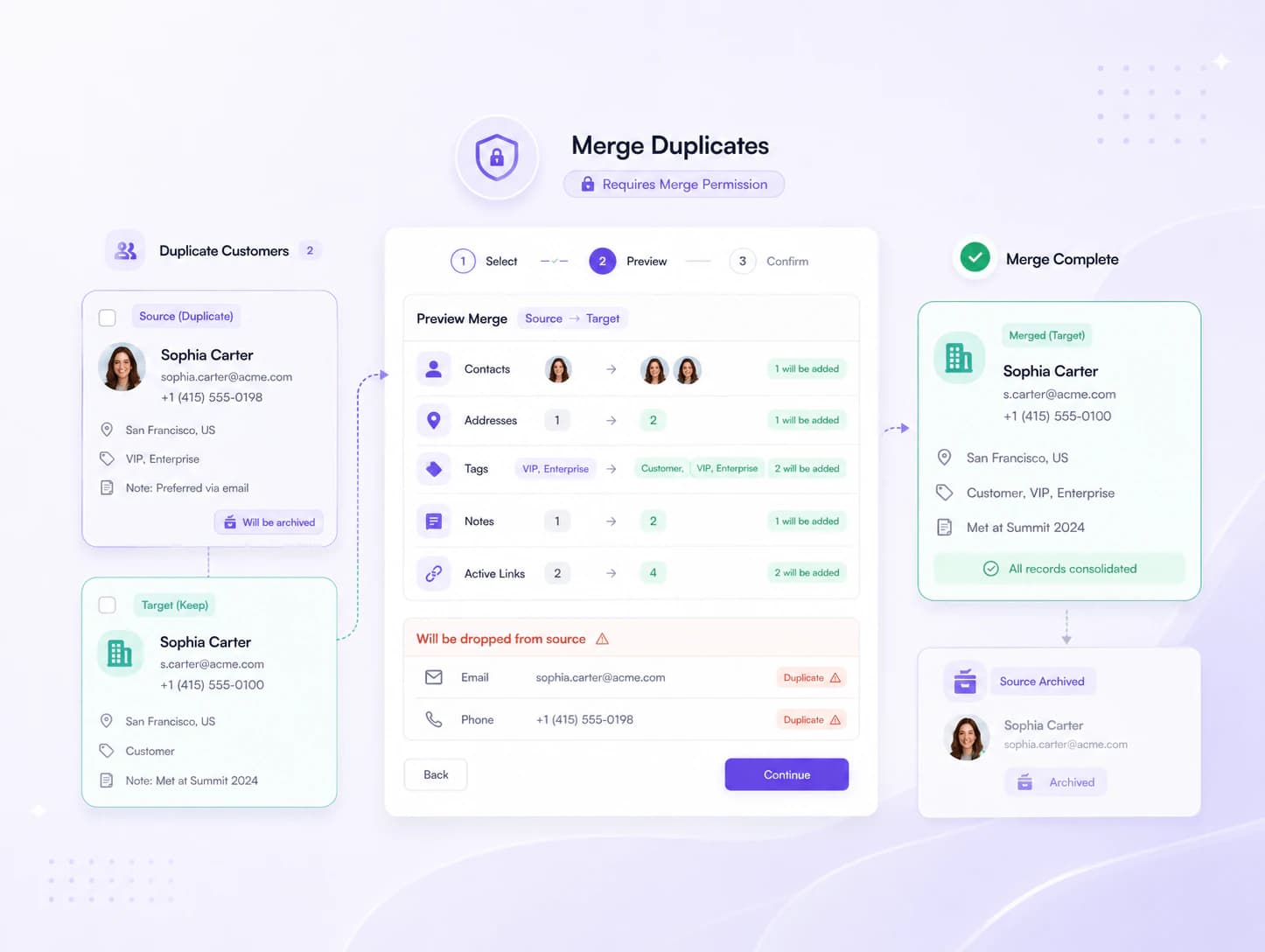 The customer merge wizard preview.
