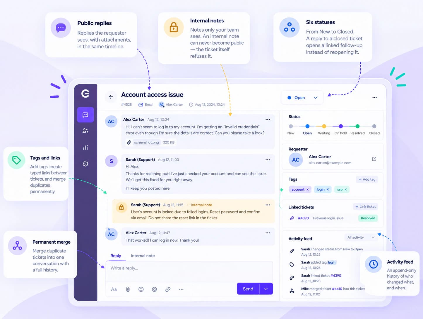 A ticket conversation with public replies and internal notes.
